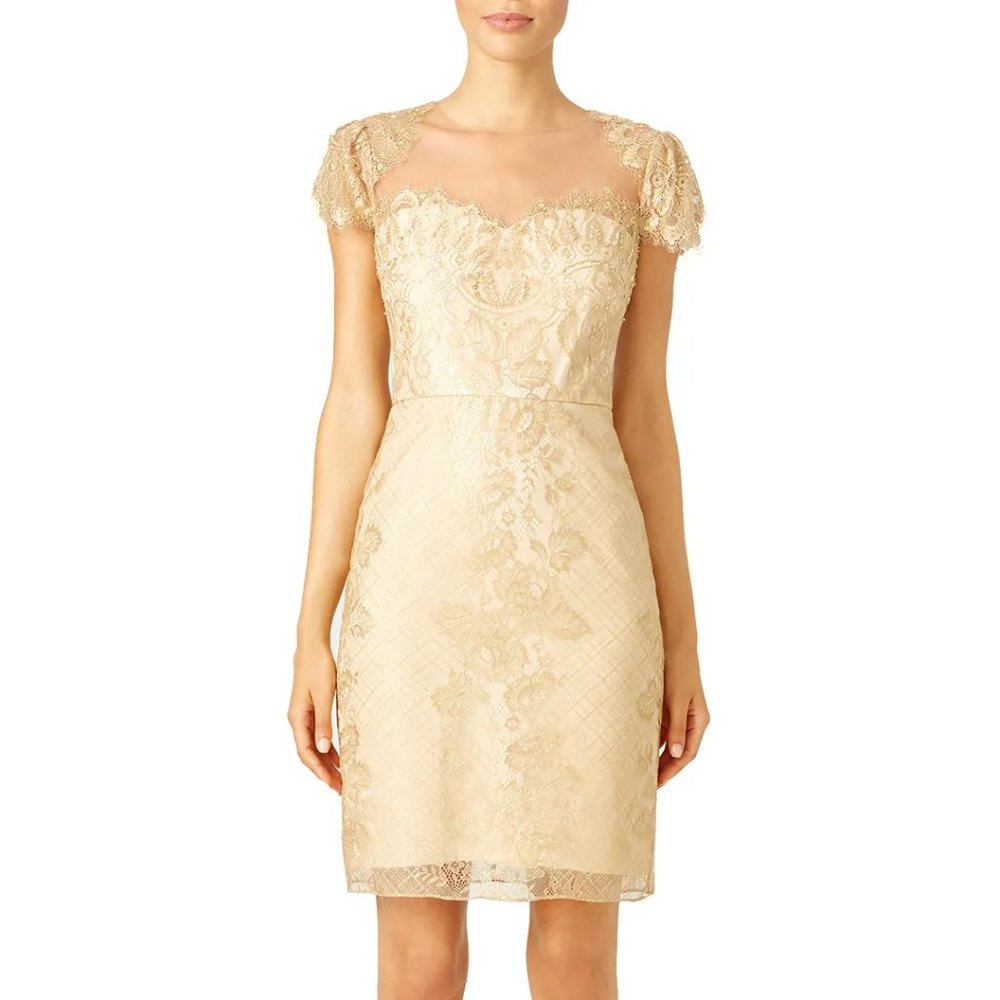 Marchesa Notte Sweetheart Sheath Gold Lace Dress